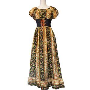 1960s 1970s Peasant Corset Tie Psychedelic Floral Maxi Dress Medium